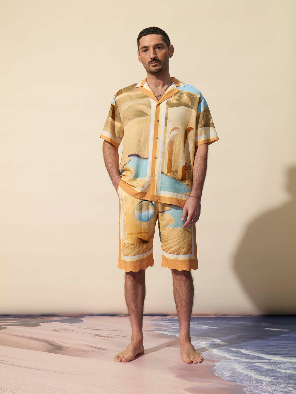 LAURENT - Bermuda unisexe ample taille haute bas pétale en viscose lin imprimé Renaissance