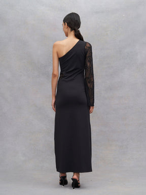 ASTRÉE - Robe longue ajustée asymétrique jersey et dentelle Noir Robe Fête Impériale