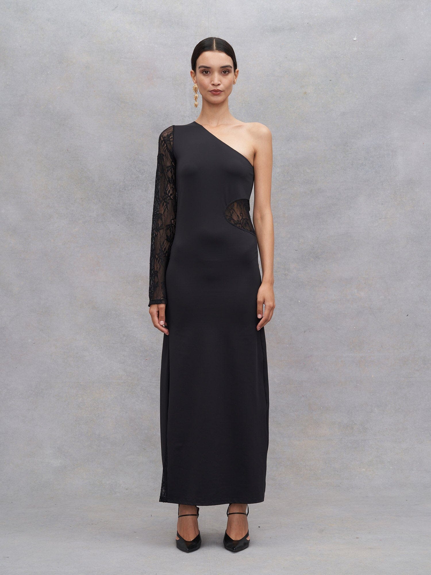 ASTRÉE - Robe longue ajustée asymétrique jersey et dentelle Noir Robe Fête Impériale