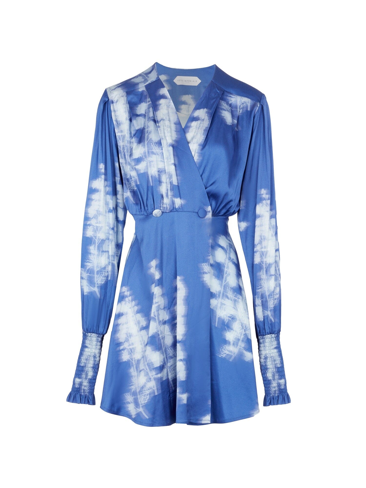 CHLORIS - Robe courte cache-cœur manches longues poignets smockés en satin de viscose FSC imprimé Abstract Dazzling Blue/Ice Melt Robe Fête Impériale