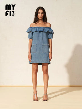 DALIA - Robe courte encolure Bardot off shoulder en denim délavé Oeko-Tex Bleu Robe Fête Impériale