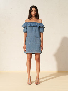 DALIA - Robe courte encolure Bardot off shoulder en denim délavé Oeko-Tex Bleu Robe Fête Impériale