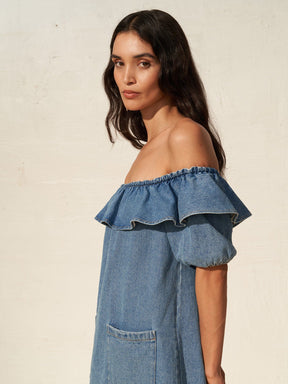 DALIA - Robe courte encolure Bardot off shoulder en denim délavé Oeko-Tex Bleu Robe Fête Impériale