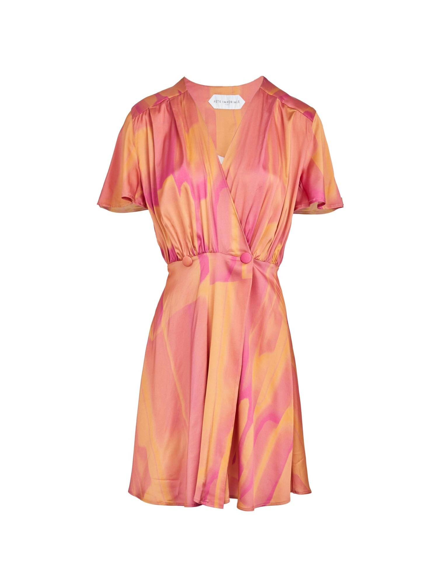 DENISE - Robe courte cache-cœur en satin de viscose imprimé Tie & Dye Fuchsia Robe Fête Impériale