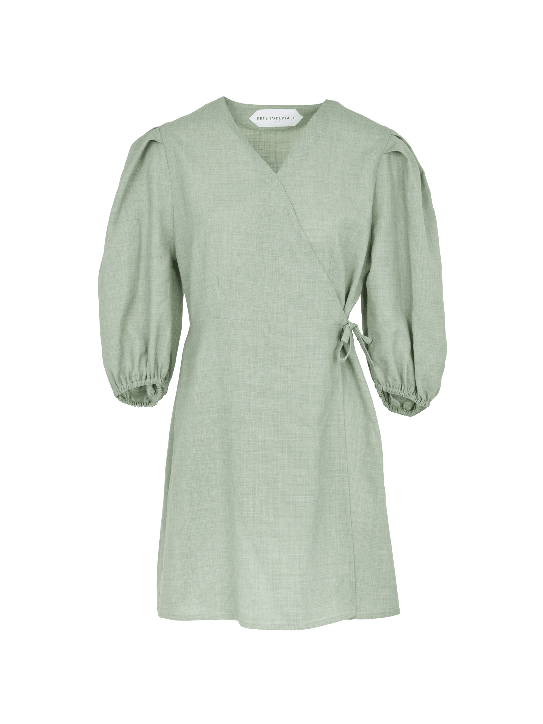 EURYDICE - Robe portefeuille courte à manches ballons en toile de coton Oeko-Tex vert céladon Robe Fête Impériale