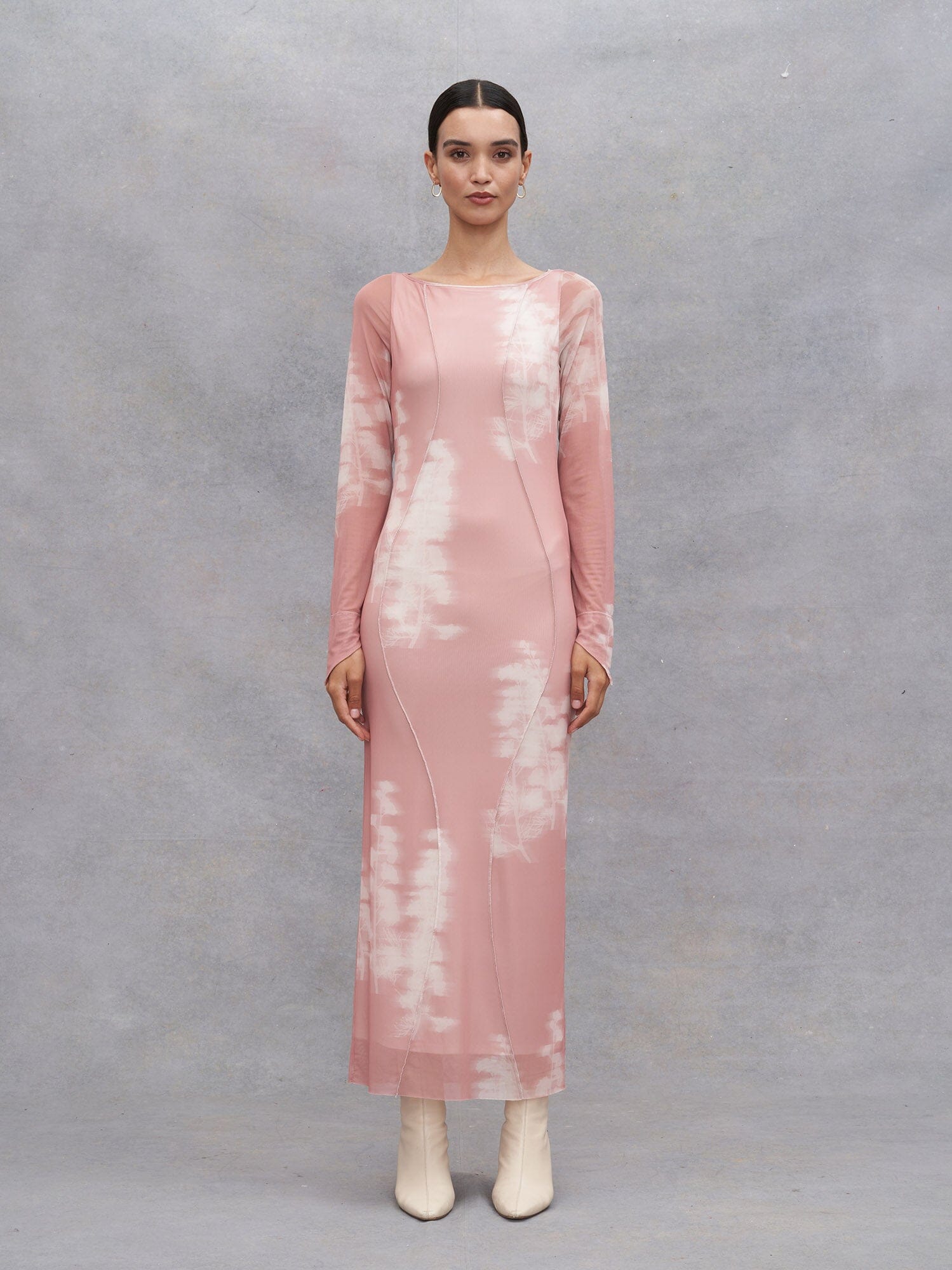 EVA - Robe longue tube encolure bateau en tulle Oeko-Tex imprimé Abstract Misty Rose/Tofu Robe Fête Impériale