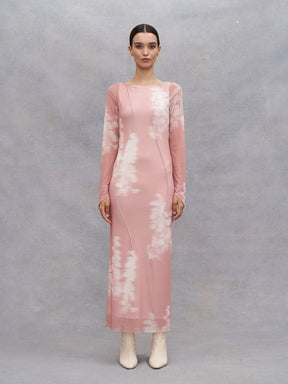 EVA - Robe longue tube encolure bateau en tulle Oeko-Tex imprimé Abstract Misty Rose/Tofu Robe Fête Impériale