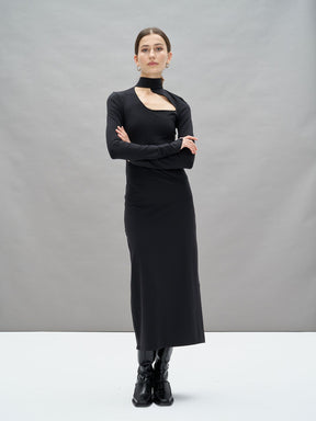 GAIA - Robe longue ajustée col cheminée et vague en jersey Hermione Noir Robe Fête Impériale