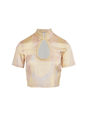 GONDOLIA - Top cropped à décolleté goutte d'eau en satin de viscose imprimé Tie & Dye Jaune Top Fête Impériale