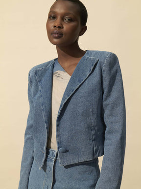 GRACE - Veste cropped à épaulettes en denim délavé Oeko-Tex Bleu Veste Fête Impériale