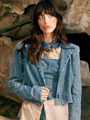 GRACE - Veste cropped à épaulettes en denim délavé Oeko-Tex Bleu Veste Fête Impériale