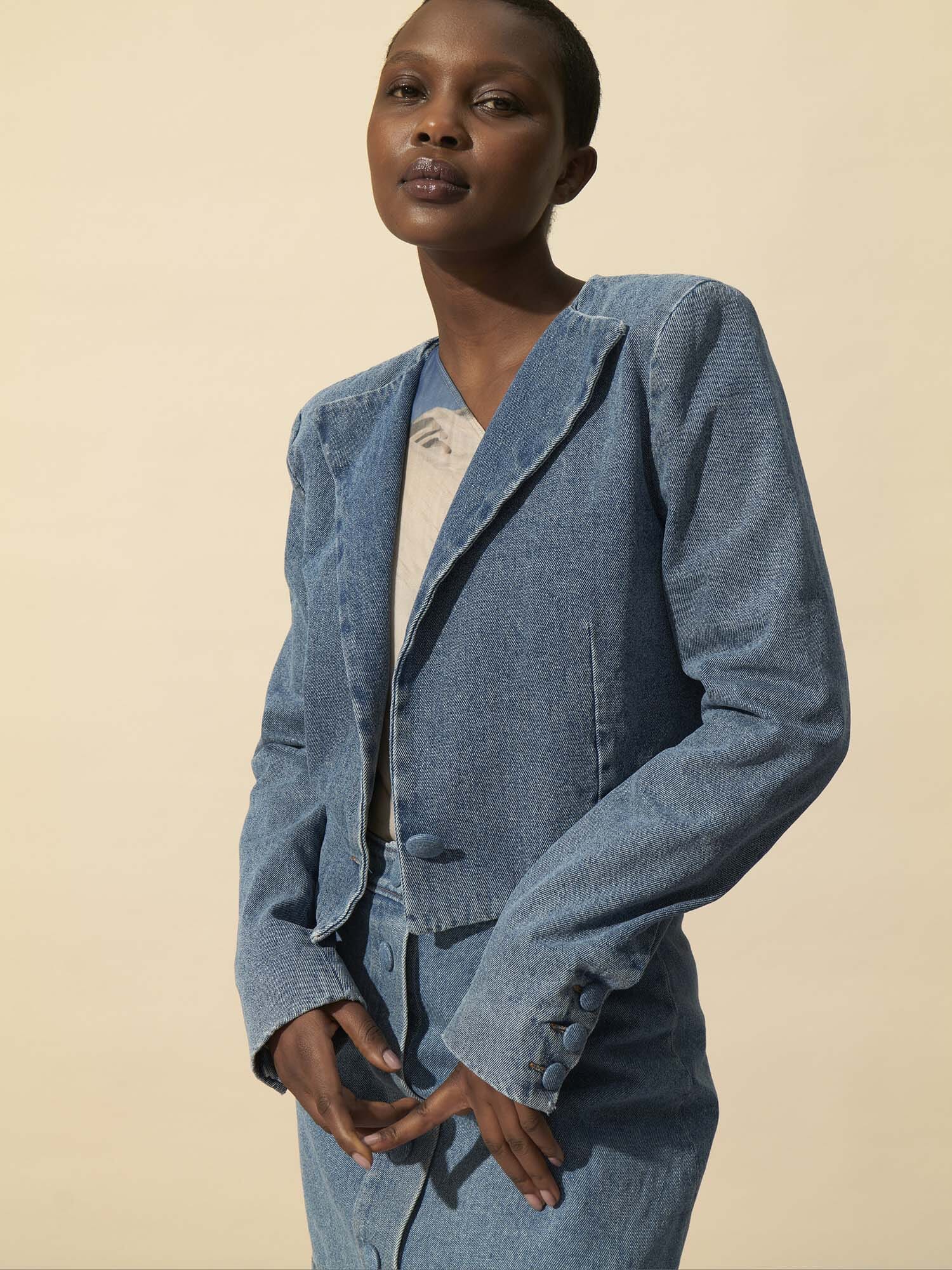 GRACE - Veste cropped à épaulettes en denim délavé Oeko-Tex Bleu Veste Fête Impériale