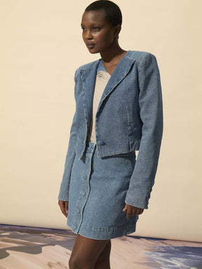 GRACE - Veste cropped à épaulettes en denim délavé Oeko-Tex Bleu Veste Fête Impériale