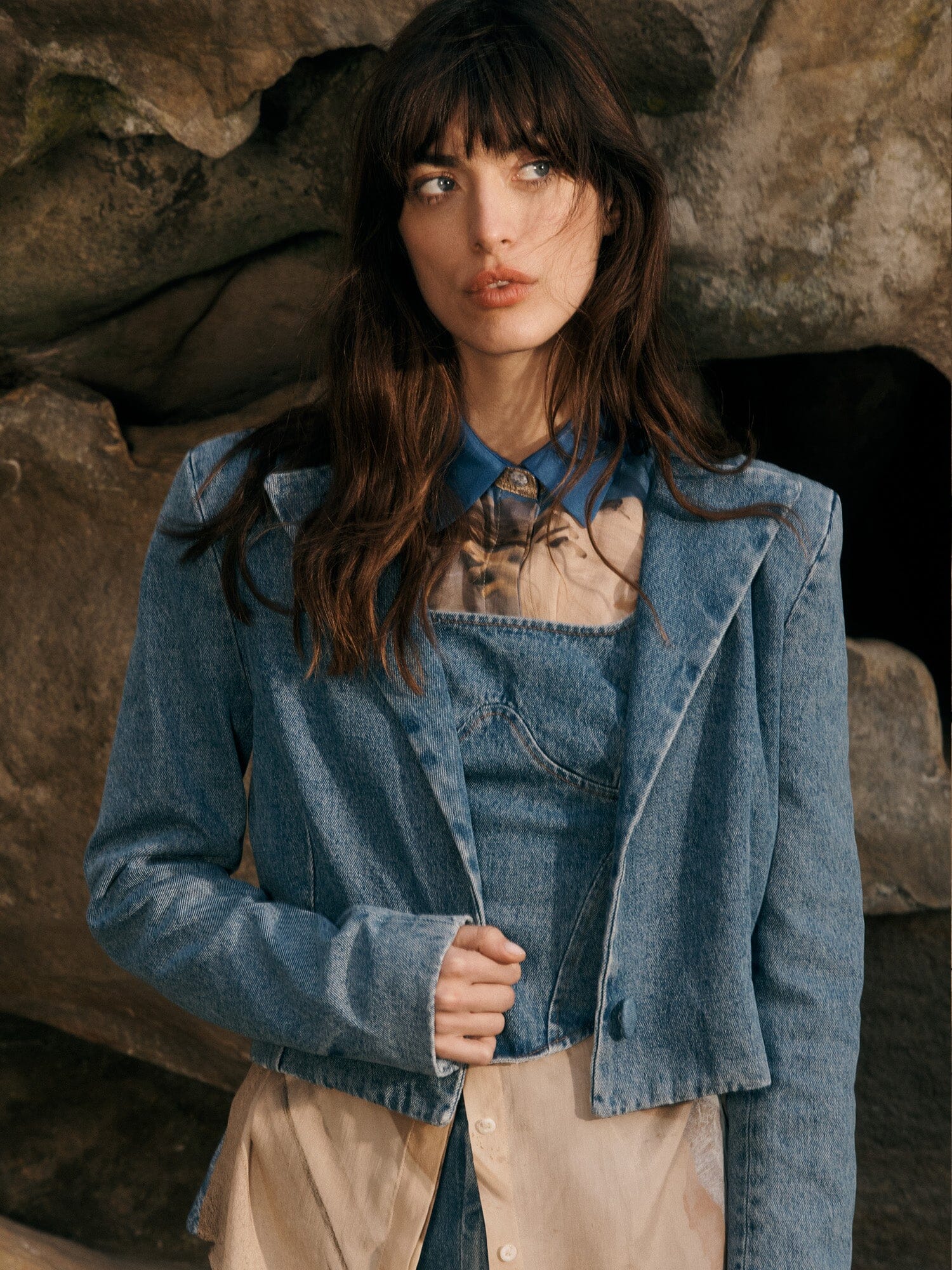 GRACE - Veste cropped à épaulettes en denim délavé Oeko-Tex Bleu Veste Fête Impériale