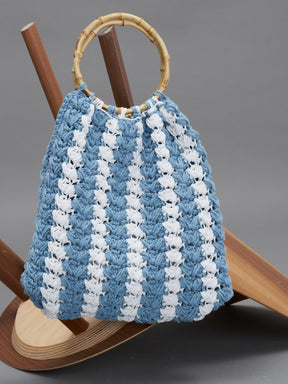 IOS - Sac grand modèle anse en bambou et macramé Blanc et Bleu Sac Fête Impériale