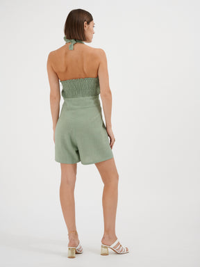 LERIA - Combishort taille haute ajourée top croisé noué en coton Oeko-Tex vert céladon Combishort Fête Impériale