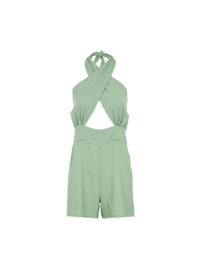 LERIA - Combishort taille haute ajourée top croisé noué en coton Oeko-Tex vert céladon Combishort Fête Impériale