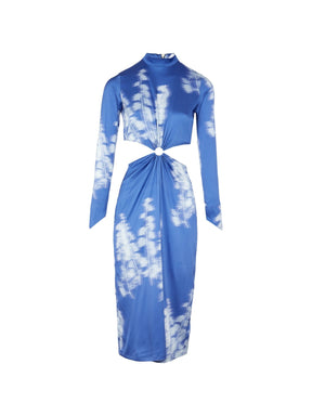 MARGUERITE - Robe midi manches longues en pointe ajourée à la taille en satin de viscose imprimé Abstract Dazzling Blue/Ice Melt Robe Fête Impériale