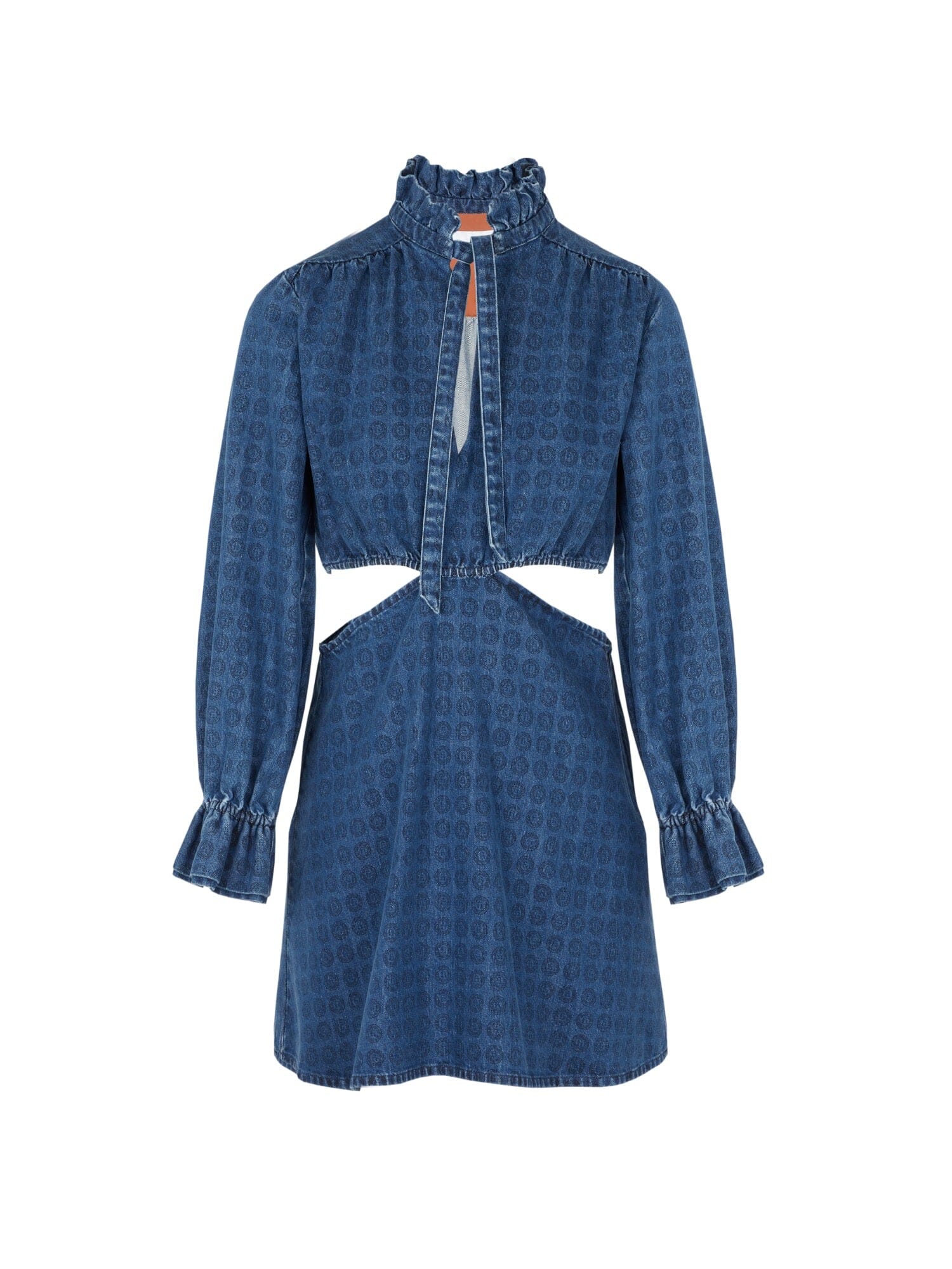 MATTEA - Robe courte ajourée col froncé et manches longues volantées en denim bleu imprimé blason noir Robe Fête Impériale