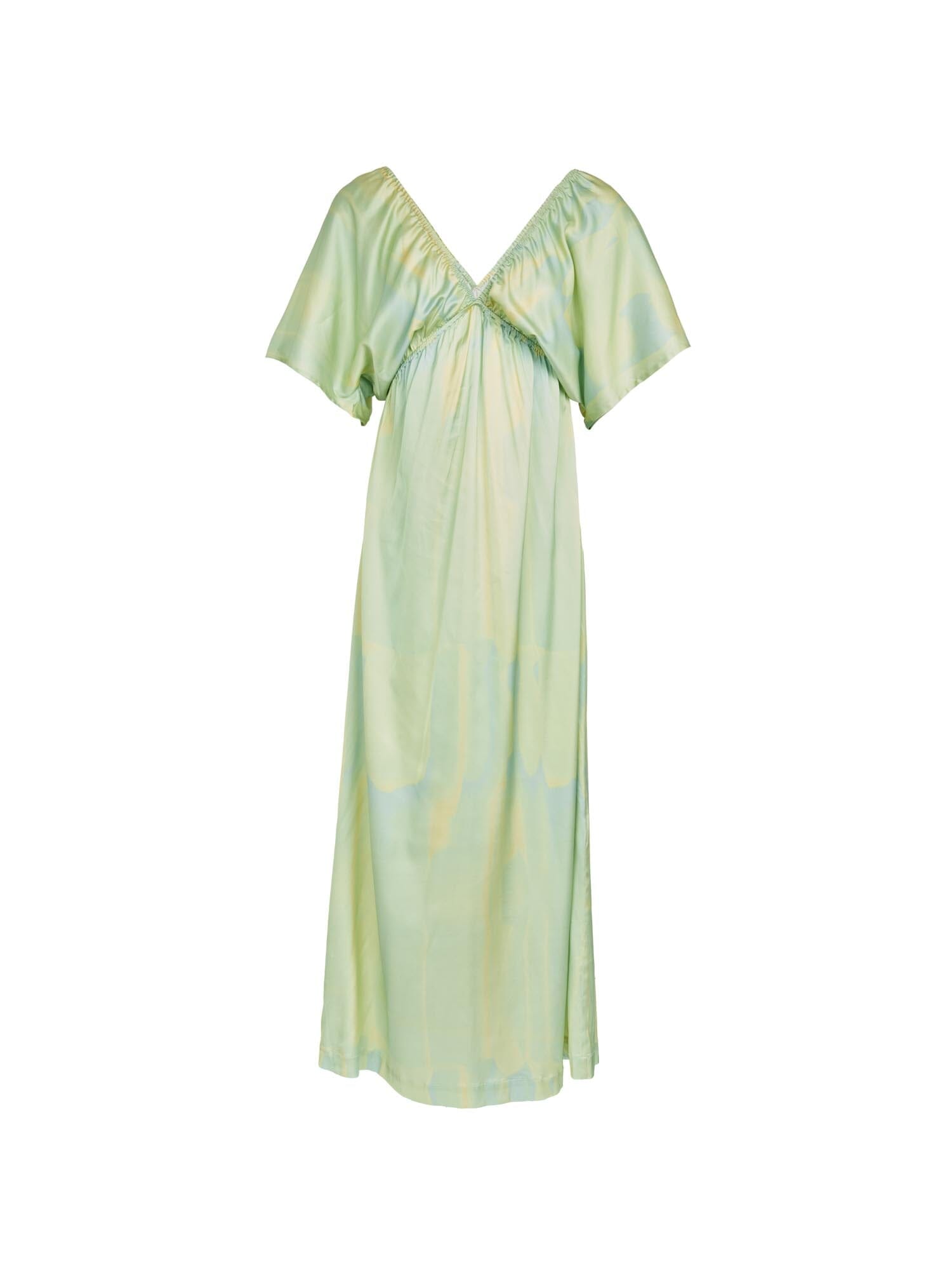 SHAHNAZ - Robe longue caftan manches courtes évasées en viscose lin imprimé Tie & Dye Vert Robe Fête Impériale